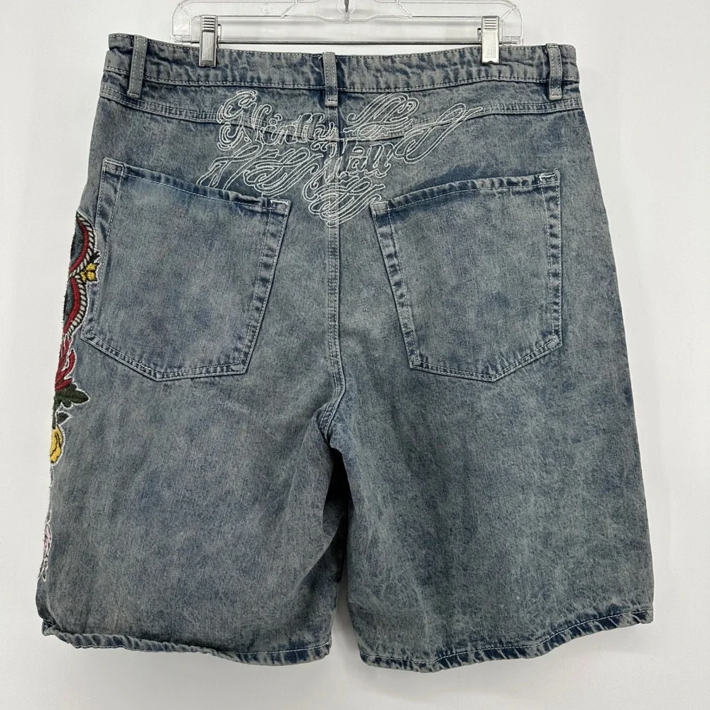 Ninth Hall Waylay Mens 36 Acid Wash Denim Shorts Floral Embroidered Streetwear